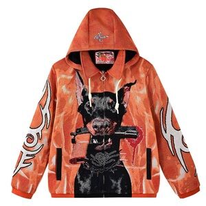 Orange Men Doberman Jacquard Size Large Jacket